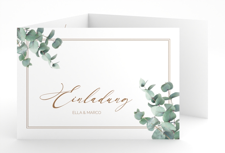 Hochzeitseinladung Eucalypt A6 Doppel-Klappkarte weiss mit Eukalyptus und edlem Rahmen