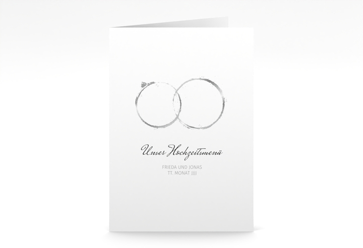Menükarte Hochzeit Trauringe A5 Klappkarte hoch grau minimalistisch gestaltet mit zwei Eheringen