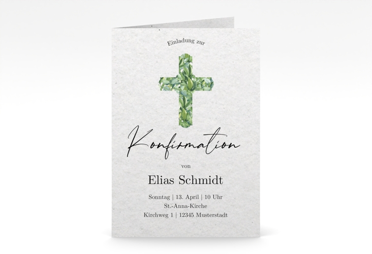 Einladung Konfirmation Greenery Cross A6 Klappkarte hoch gruen