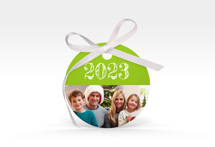 Geschenkanhänger Weihnachten Besinnlichkeit Geschenkanhänger, rund gruen hochglanz zum Personalisieren mit Jahreszahl und Foto