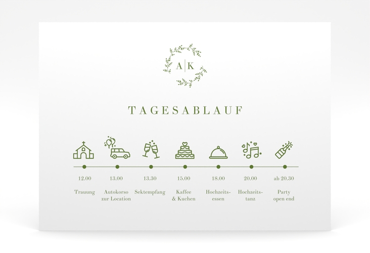 Tagesablauf Poster Hochzeit Filigrana 70 x 50 cm Poster gruen in reduziertem Design mit Initialen und zartem Blätterkranz