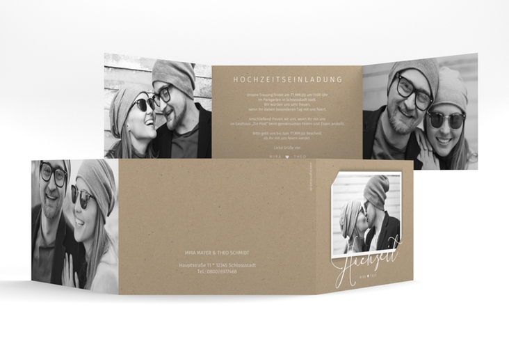 Hochzeitseinladung Crafty A6 Doppel-Klappkarte Kraftpapier hochglanz mit Schwarzweiß-Foto
