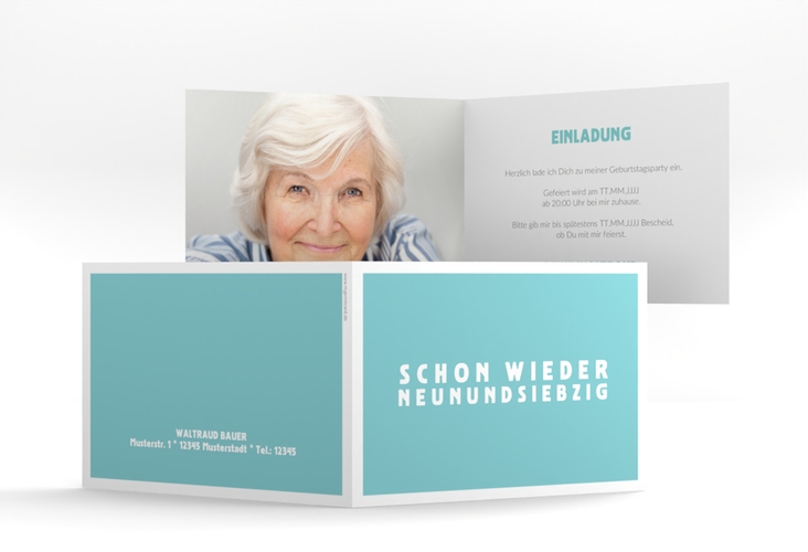 Einladung 80. Geburtstag Gag A6 Klappkarte quer tuerkis