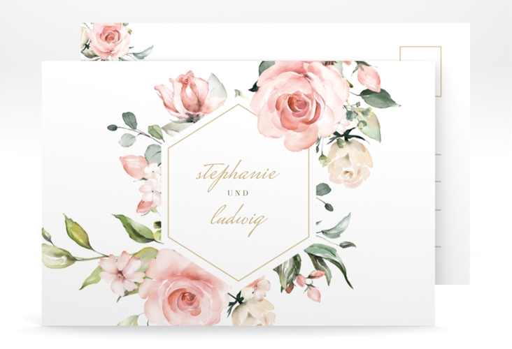Save the Date-Postkarte Graceful A6 Postkarte weiss hochglanz mit Rosenblüten in Rosa und Weiß