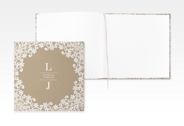 Gästebuch Selection Hochzeit Bella Leinen-Hardcover Kraftpapier mit weißer Brautspitze um Initialen