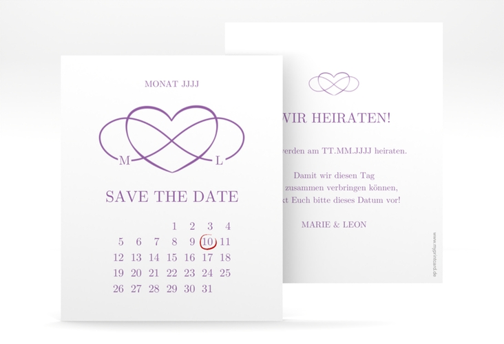 Save the Date-Kalenderblatt Infinity Kalenderblatt-Karte lila hochglanz