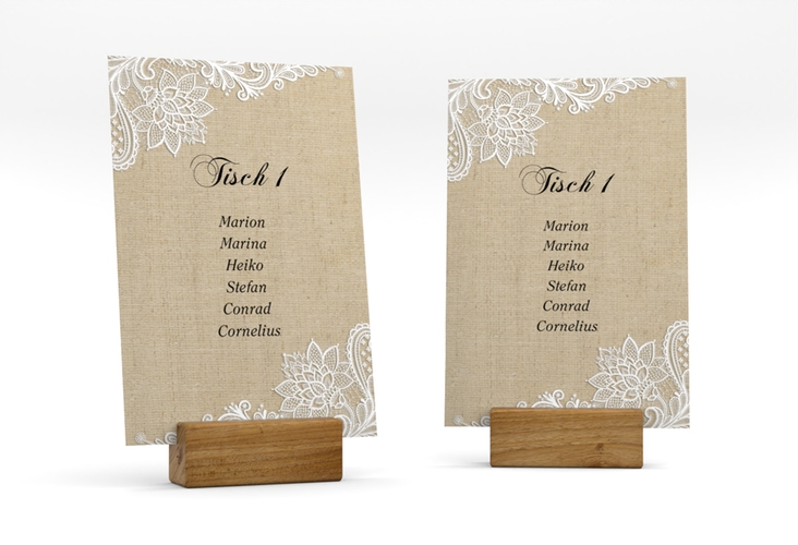 Tischaufsteller Hochzeit Lace Tischaufsteller beige in Leinen-Optik mit weißer Spitze