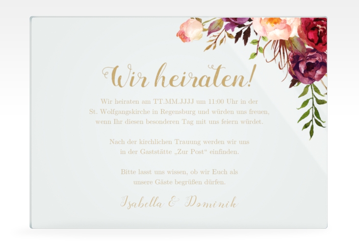 Acryl-Hochzeitseinladung Flowers Acrylkarte quer lila hochglanz mit bunten Aquarell-Blumen