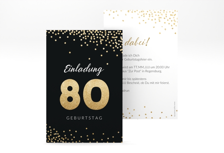 Einladung 80. Geburtstag Glitzer A6 Karte hoch gold