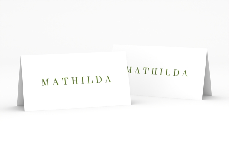 Tischkarte Hochzeit Filigrana Tischkarten gruen hochglanz in reduziertem Design mit Initialen und zartem Blätterkranz