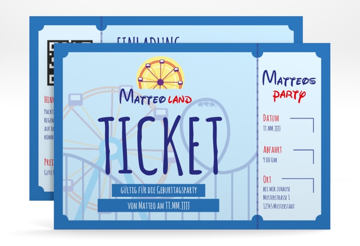 Einladungskarte Kindergeburtstag Freizeitpark A6 Karte quer blau hochglanz mit Riesenrad und Achterbahn