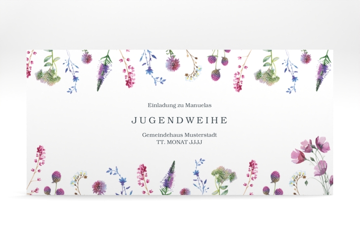 Einladung Jugendweihe Sommerwiese lange Karte quer mit violetten Aquarell-Blümchen
