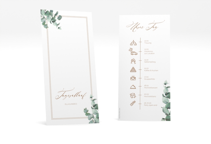 Tagesablauf Hochzeit Eucalypt lange Karte hoch weiss hochglanz mit Eukalyptus und edlem Rahmen