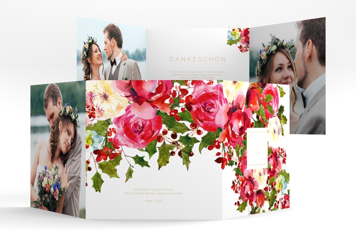 Dankeskarte Hochzeit "Blumenpracht" quadr. Doppel-Klappkarte weiss