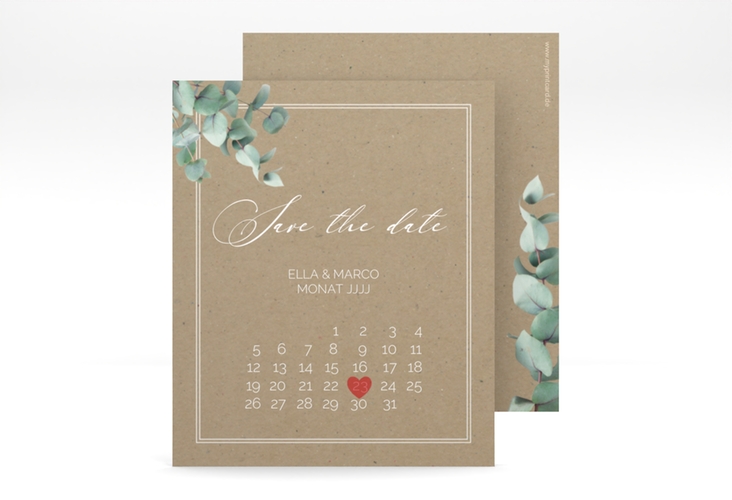 Save the Date-Kalenderblatt Eucalypt Kalenderblatt-Karte Kraftpapier mit Eukalyptus und edlem Rahmen