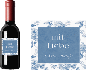 Piccoloetikett Hochzeit Blue Floral Etikett Piccolo blau mit blauem Blumenmuster auf weißem Grund