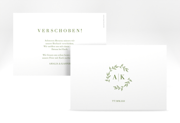 Change the Date-Karte Filigrana A6 Karte quer gruen in reduziertem Design mit Initialen und zartem Blätterkranz