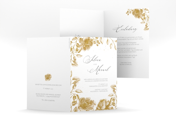 Einladungskarte Hochzeit Blattgold A6 Klappkarte hoch gold