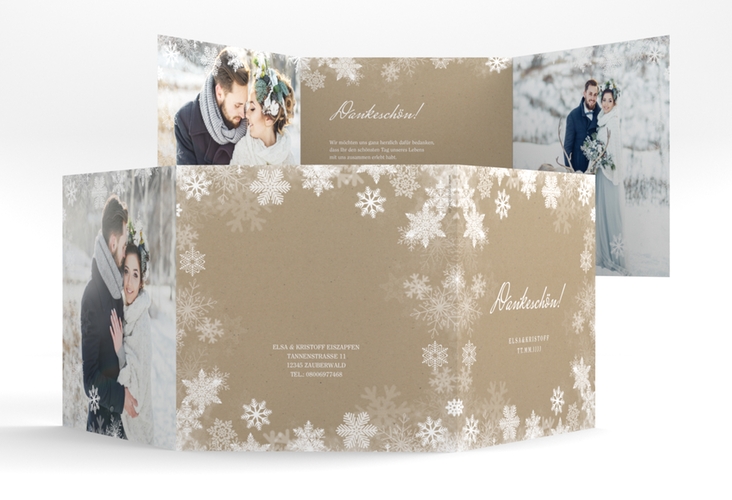 Dankeskarte Hochzeit Snowfall quadr. Doppel-Klappkarte Kraftpapier hochglanz mit Schneeflocken für Winterhochzeit