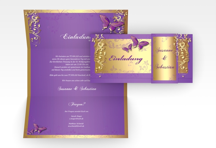 Hochzeitseinladung Toulouse Wickelfalzkarte + Banderole lila