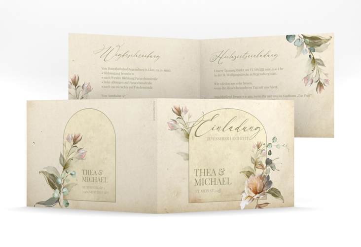 Hochzeitseinladung Dornröschen mittlere Klappkarte quer beige mit Aquarell-Rosen im Vintage-Look