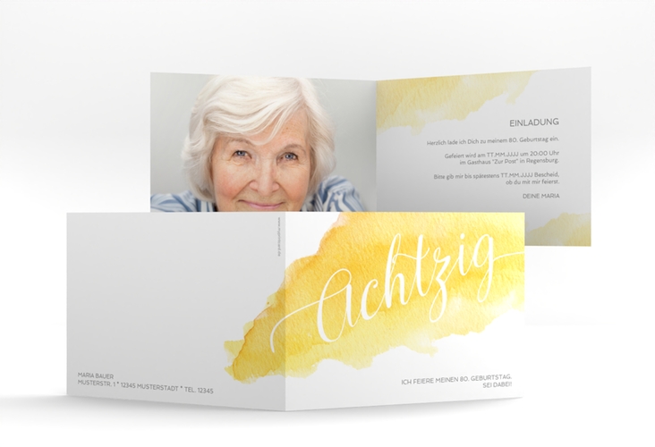 Einladung 80. Geburtstag Aquarell A6 Klappkarte quer gelb