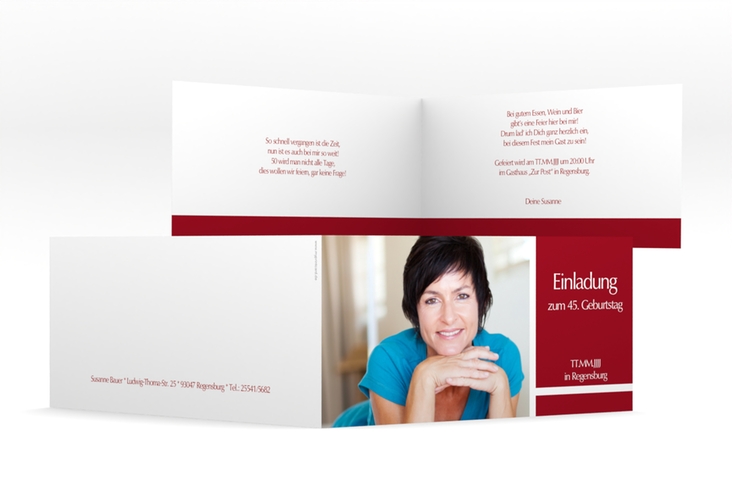 Einladung Geburtstag Gerd/Gerda lange Klappkarte quer rot hochglanz mit Foto