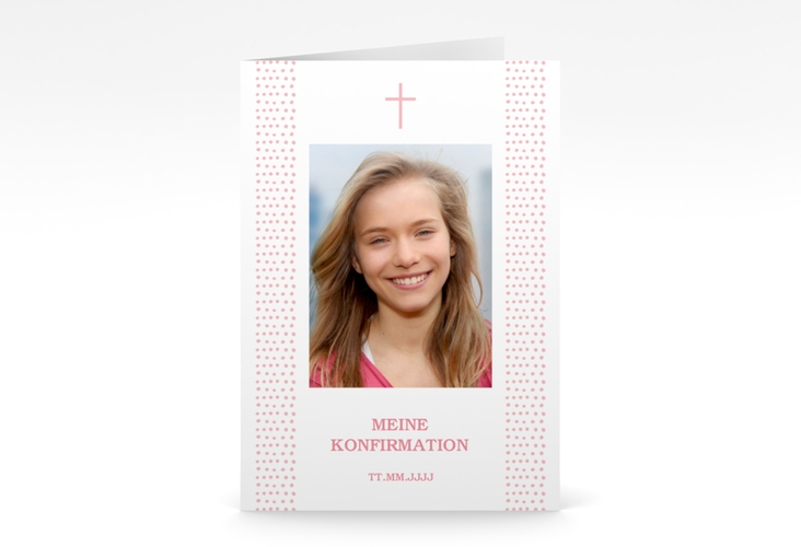 Konfirmationseinladung Trinitas A6 Klappkarte hoch rosa mit kleinem Kreuz und Foto