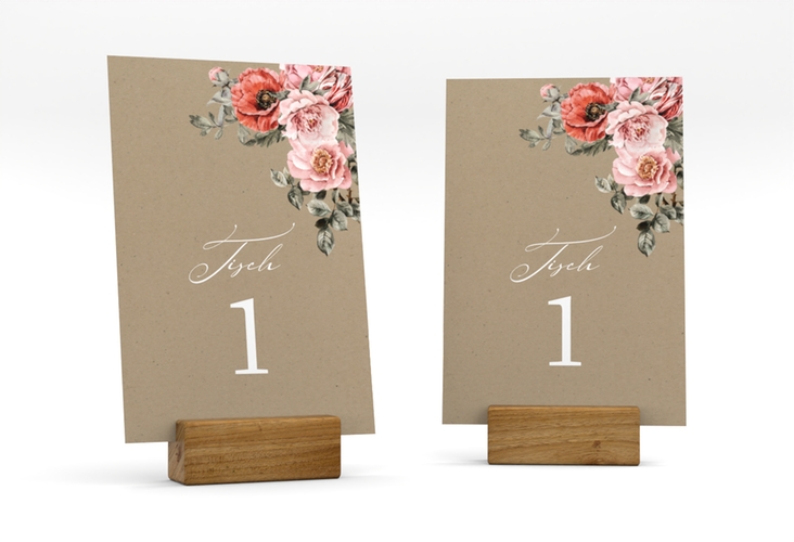 Tischnummer Hochzeit Grazioso Tischaufsteller Kraftpapier modern mit Mohnblumen und Rosen