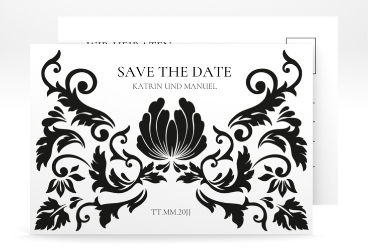 Save the Date-Postkarte Royal A6 Postkarte weiss hochglanz mit barockem Blumen-Ornament