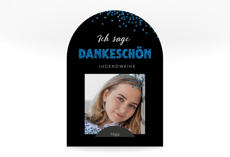 Danksagung Jugendweihe Glimmer mittlere Bogen-Karte + Foto blau