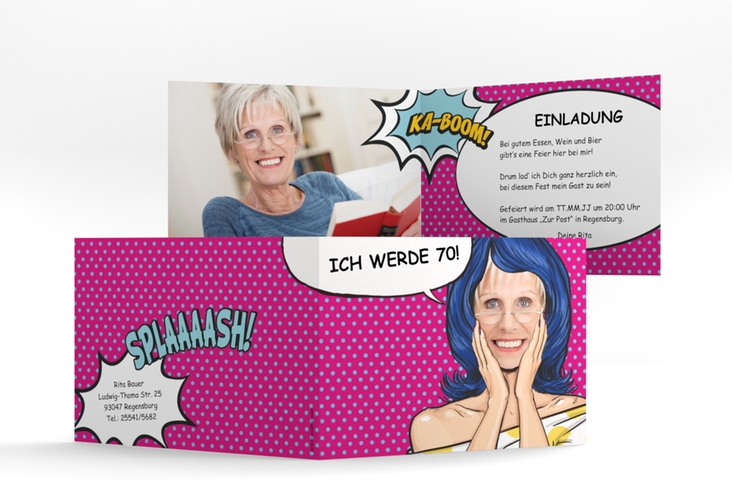 Einladung 70. Geburtstag Popart Woman A6 Klappkarte quer