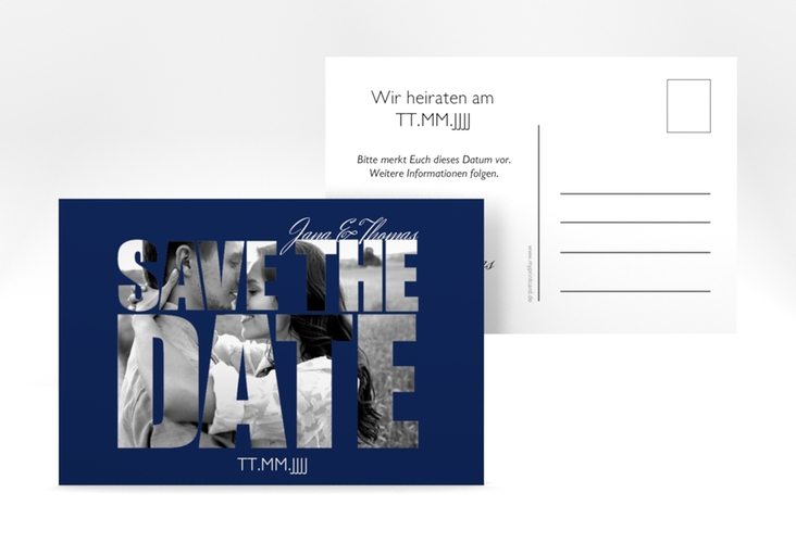 Save the Date-Postkarte  Letters A6 Postkarte blau hochglanz