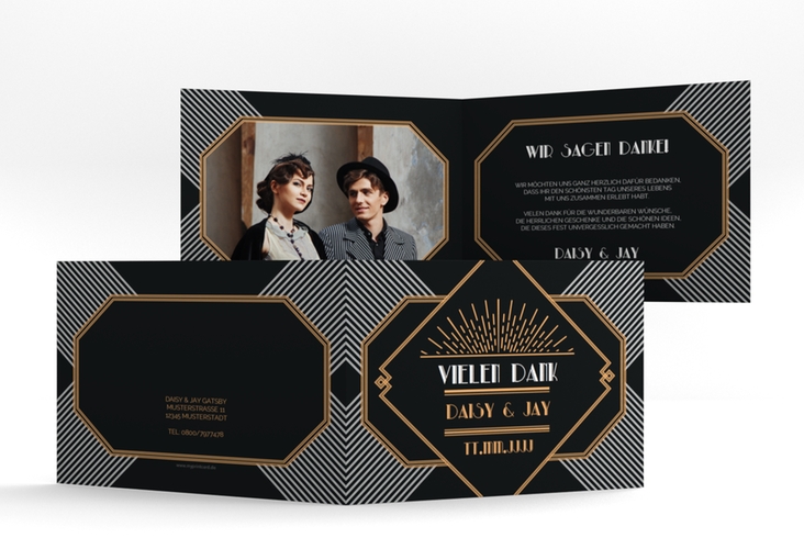 Danksagungskarte Hochzeit Gatsby A6 Klappkarte quer schwarz hochglanz