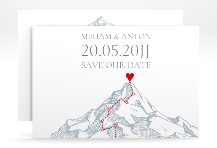 Save the Date-Karte Berge A6 Karte quer mit Berggipfel und eingezeichneter Route zum Herzen