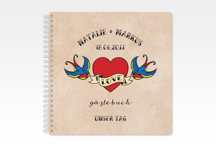 Gästebuch Hochzeit Tattoo Ringbindung beige mit Herz und zwei Schwalben
