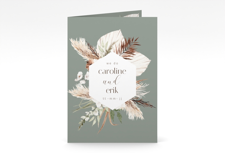 Einladungskarte Hochzeit Bohemian A6 Klappkarte hoch gruen mit Gräsern und Trockenblumen für Boho-Hochzeit