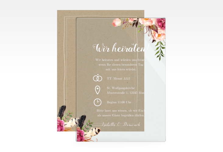 Acryl-Hochzeitseinladung Flowers Acrylkarte + Deckblatt hoch Kraftpapier mit bunten Aquarell-Blumen