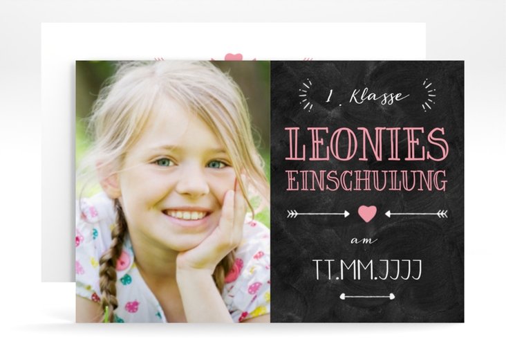 Einschulungskarte Buchstabenparty A6 Karte quer rosa hochglanz zum 1. Geburtstag in Schiefertafel-Optik mit Foto