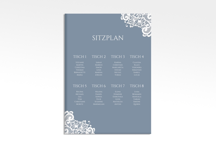 Sitzplan Leinwand Hochzeit Vintage 50 x 70 cm Leinwand blau mit floraler Spitze