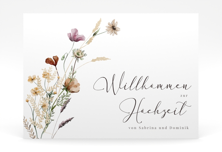 Willkommensschild Poster Sauvages 70 x 50 cm Poster weiss mit getrockneten Wiesenblumen