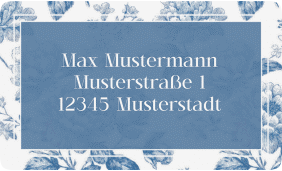 Empfängeretikett Hochzeit Blue Floral 63,5 x 38,1 mm blau mit blauem Blumenmuster auf weißem Grund