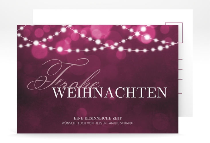 Weihnachtskarte Lichterzauber A6 Postkarte pink elegant mit Lichterkette und Bokeh