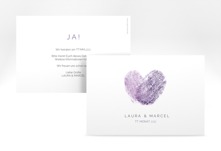 Save the Date-Karte Fingerprint A6 Karte quer lila schlicht mit Fingerabdruck-Motiv