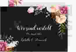 Verlobungskarte Hochzeit Flowers A6 Postkarte schwarz mit bunten Aquarell-Blumen