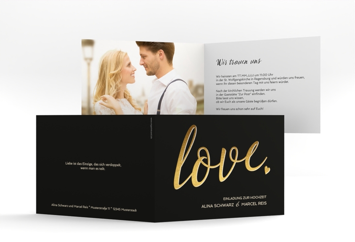 Hochzeitseinladung Glam A6 Klappkarte quer schwarz hochglanz