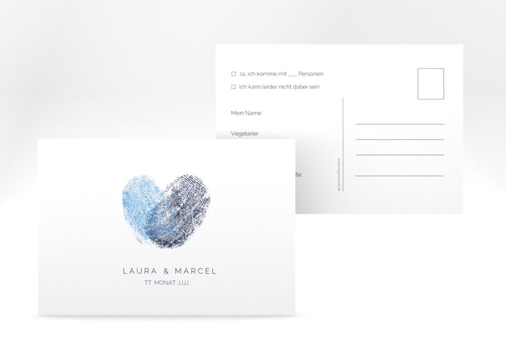 Antwortkarte Hochzeit Fingerprint A6 Postkarte blau schlicht mit Fingerabdruck-Motiv