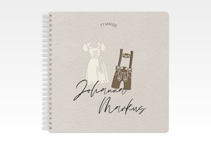 Gästebuch Hochzeit Trachtenhochzeit Ringbindung beige mit Dirndl und Lederhose
