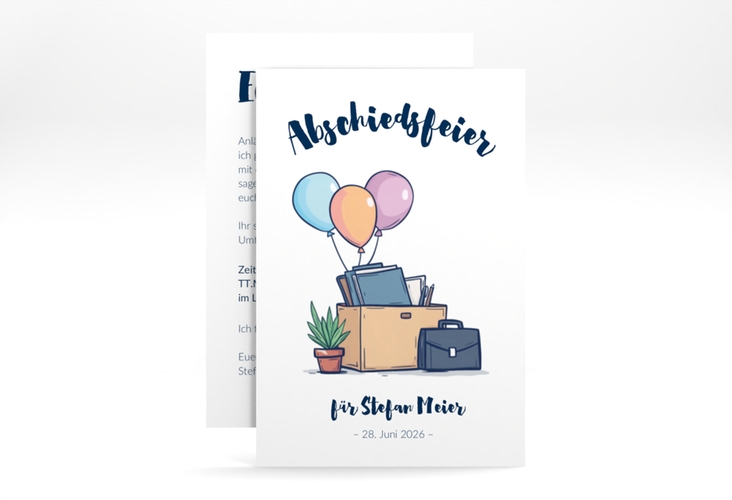 Party Einladungskarte Verabschiedung A6 Karte hoch im Cartoon-Stil mit Aktentasche, Topfpflanze und Schachtel voll Habseligkeiten mit Luftballons