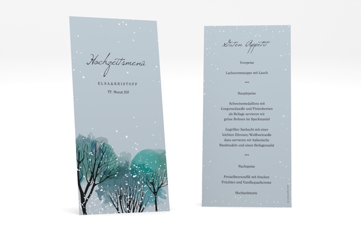 Menükarte Hochzeit Winterhochzeit lange Karte hoch blau hochglanz